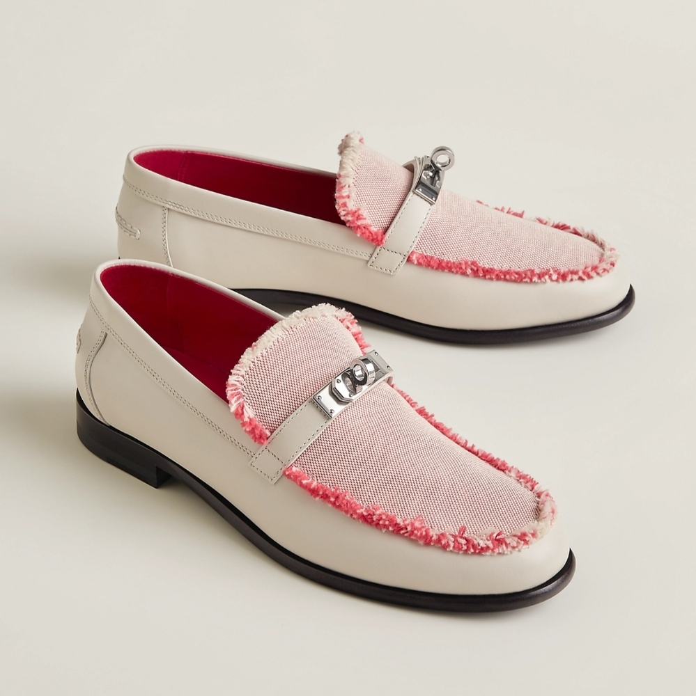 Hermès Destin Loafer sz 37.5 Beige Glaise / Framboise Calfskin/Canvas